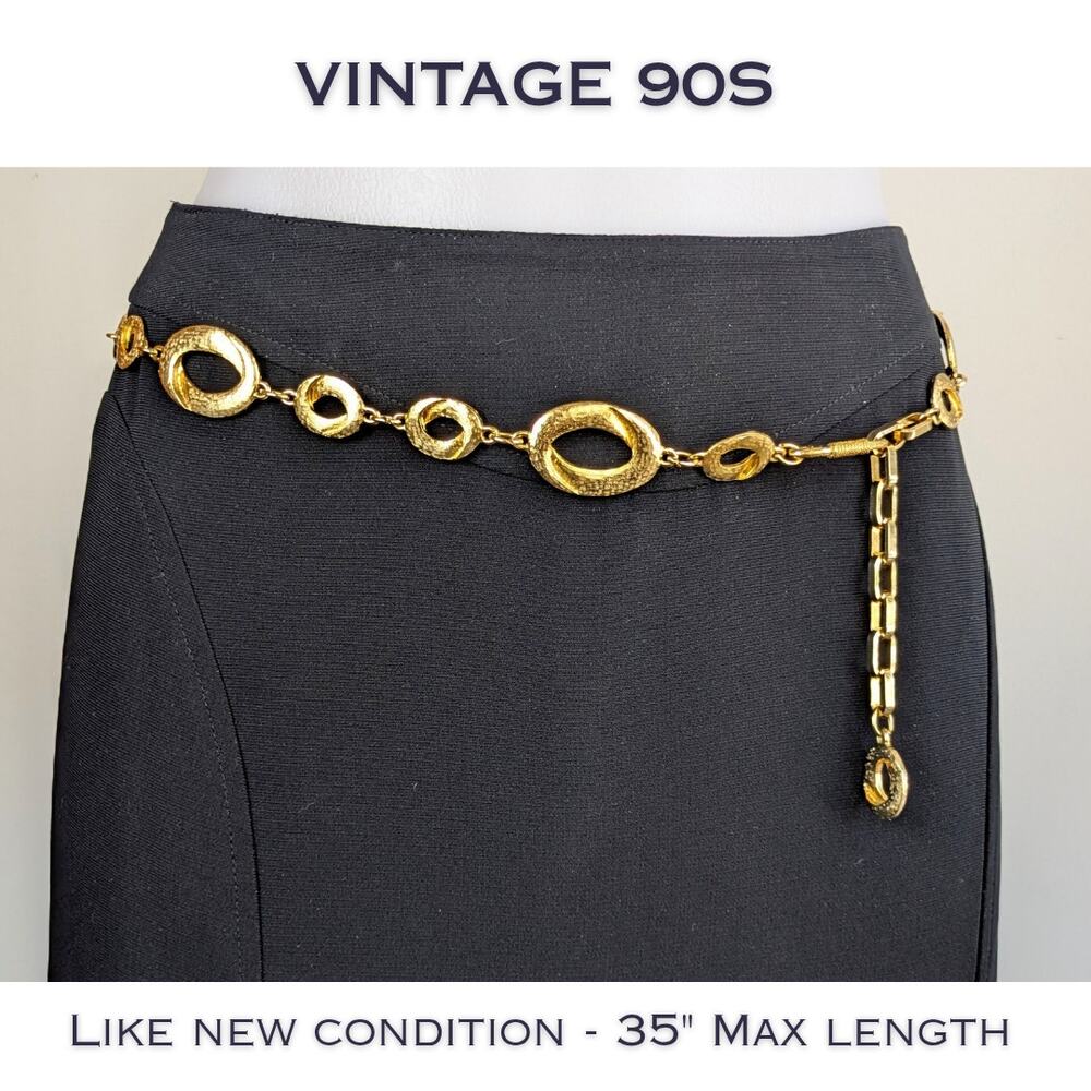 Vintage 90s Chain Belt Gold Tone Oval Links Textured Hammered Adjustable Glam